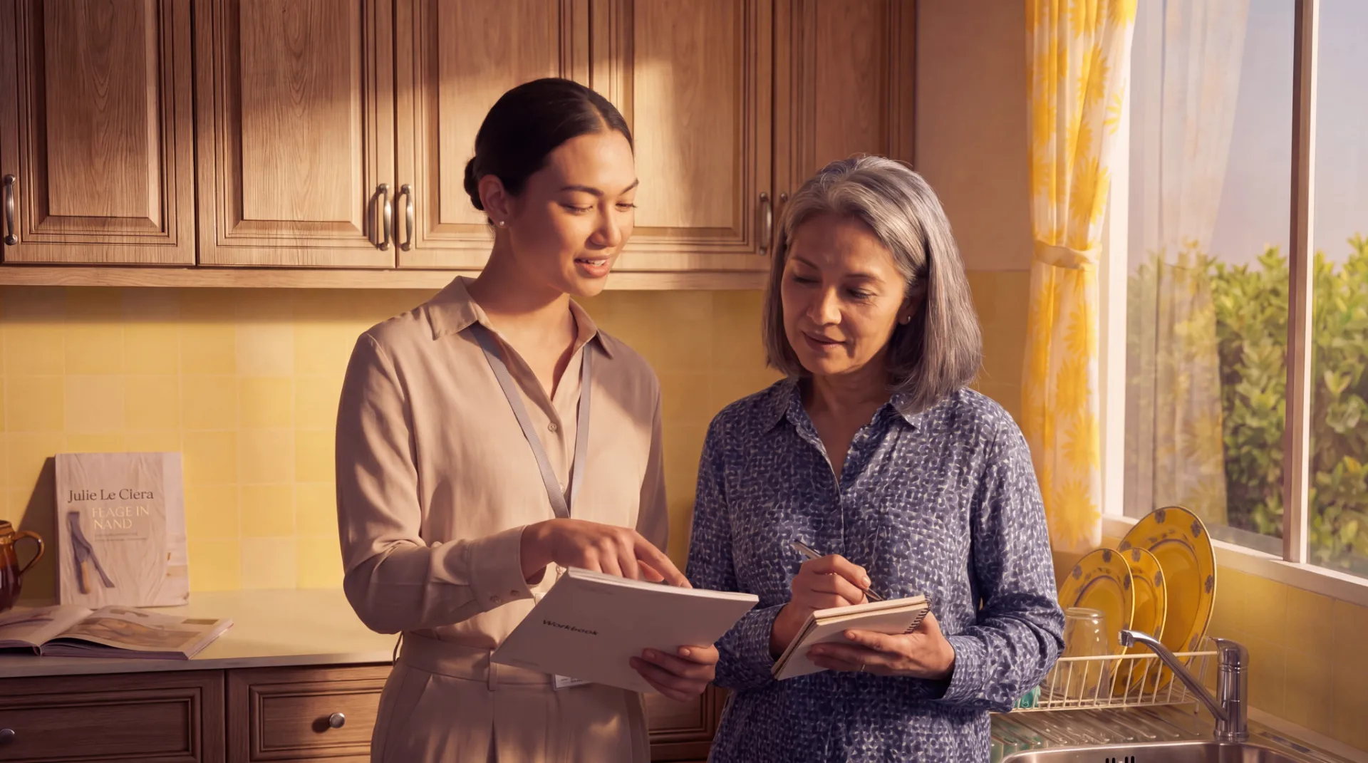 A carer and older woman in a sunlit kitchen